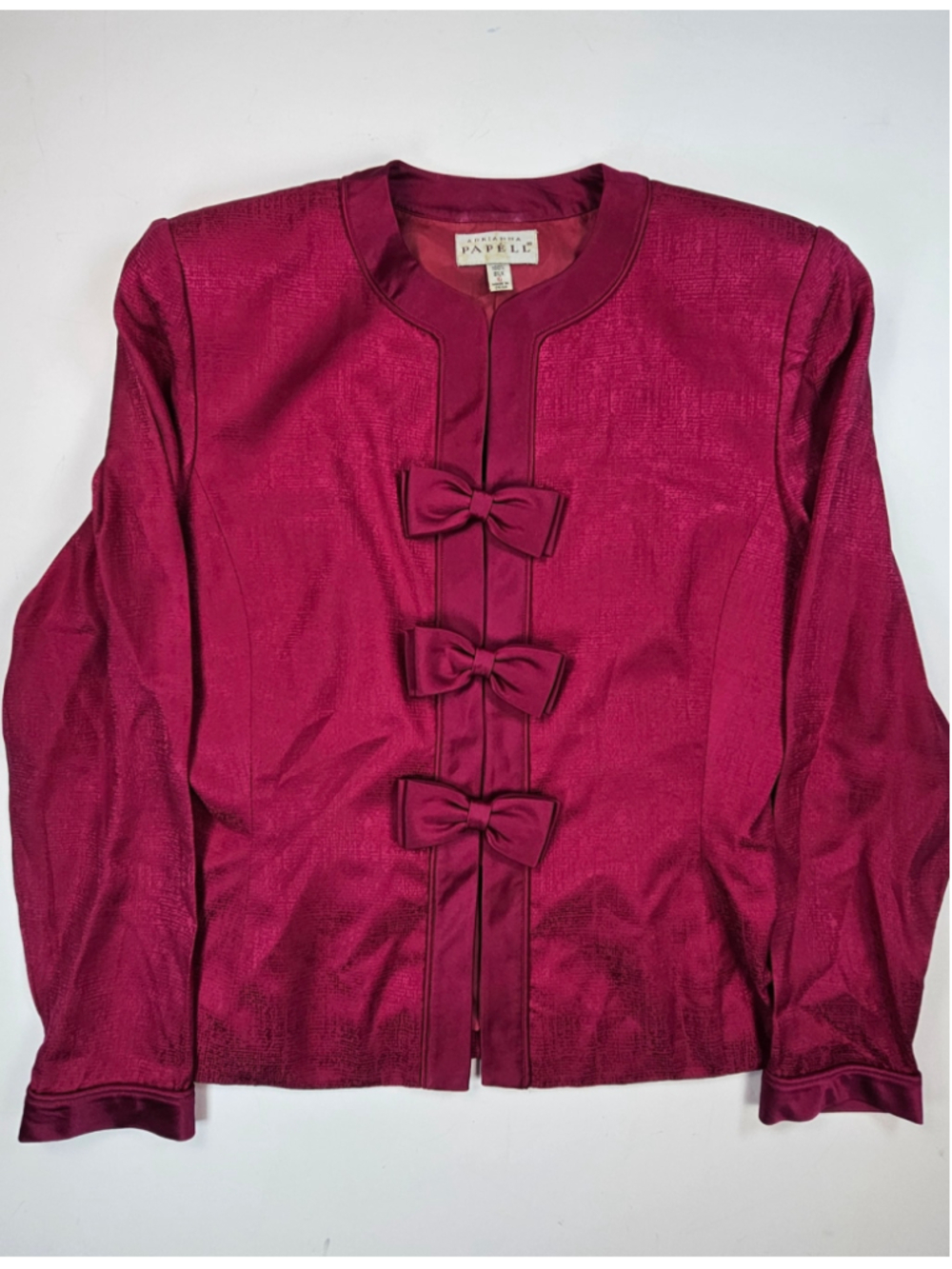 Vintage Adrianna Papell Silk Blazer Women 6 Fuchsia Pink Bow Front Jacket